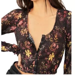 Free People Floral Button Down Shirt - Black and Yellow